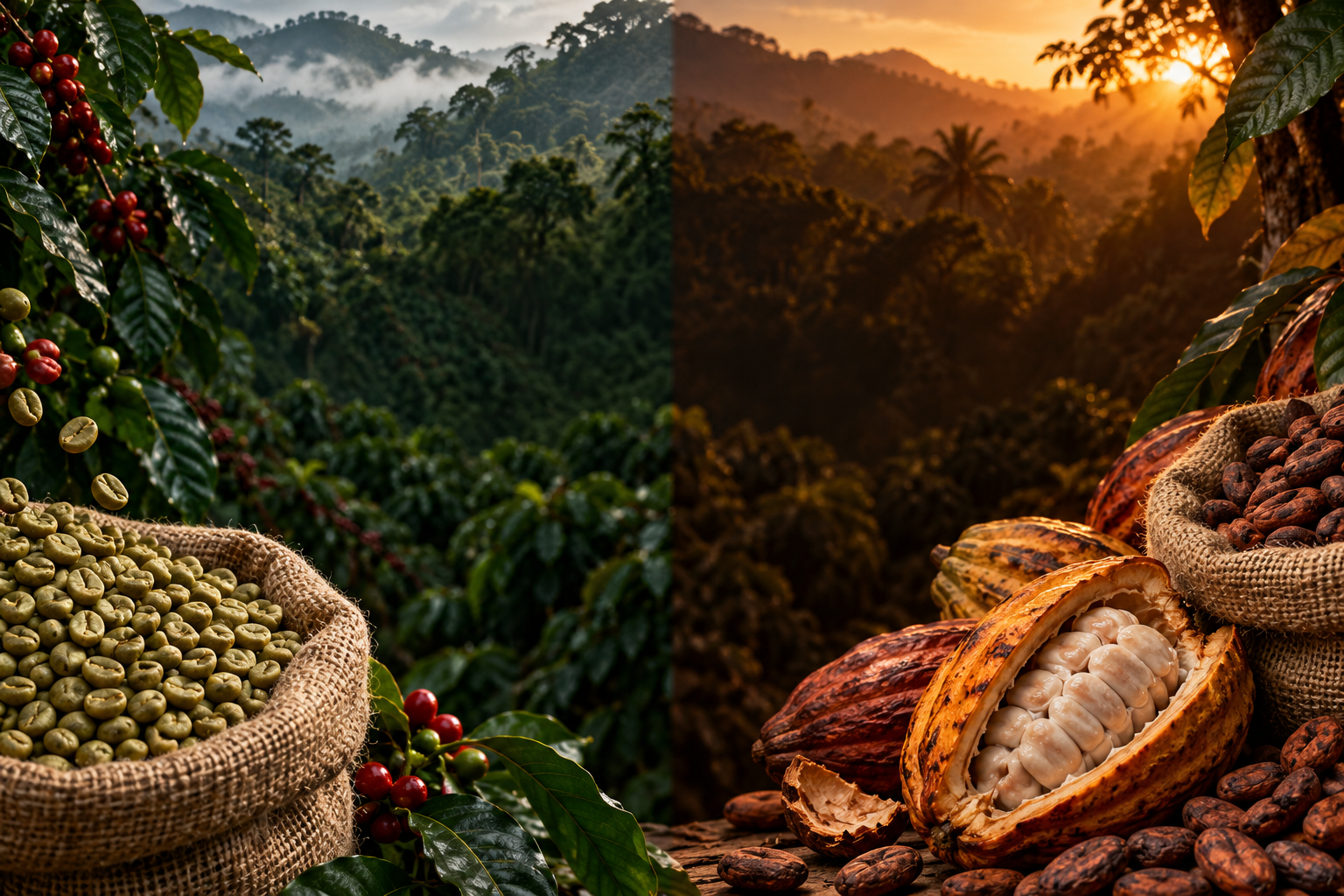 Green coffee beans in a jute sack against a tropical plantation